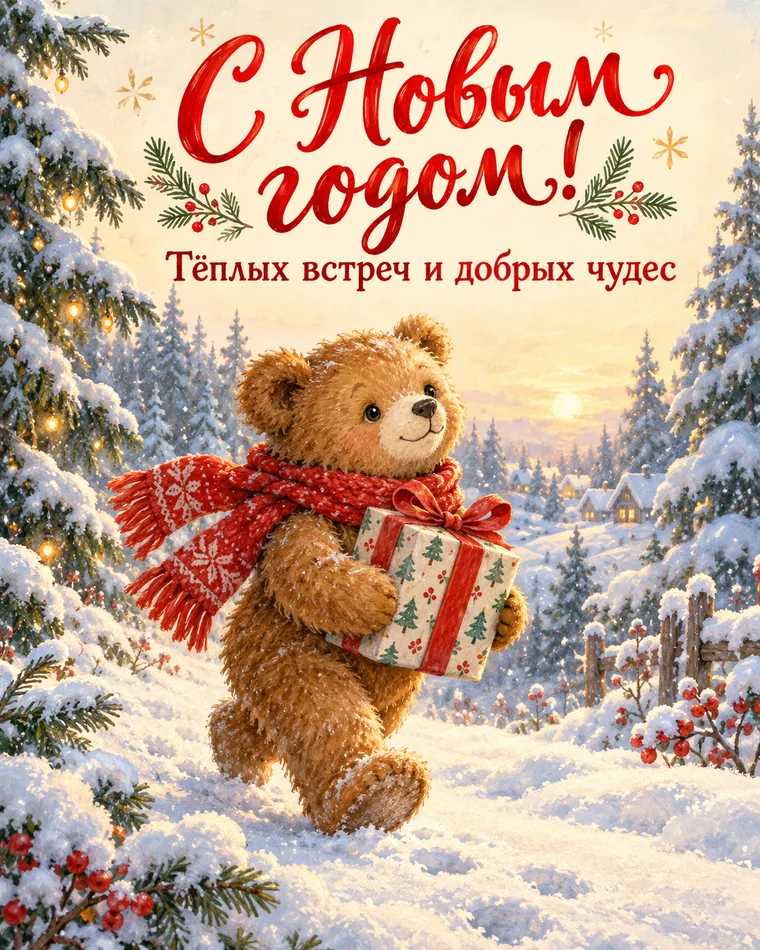 Мишка с подарком — новогодняя открытка с надписью «С Новым годом! Тёплых встреч и добрых чудес»