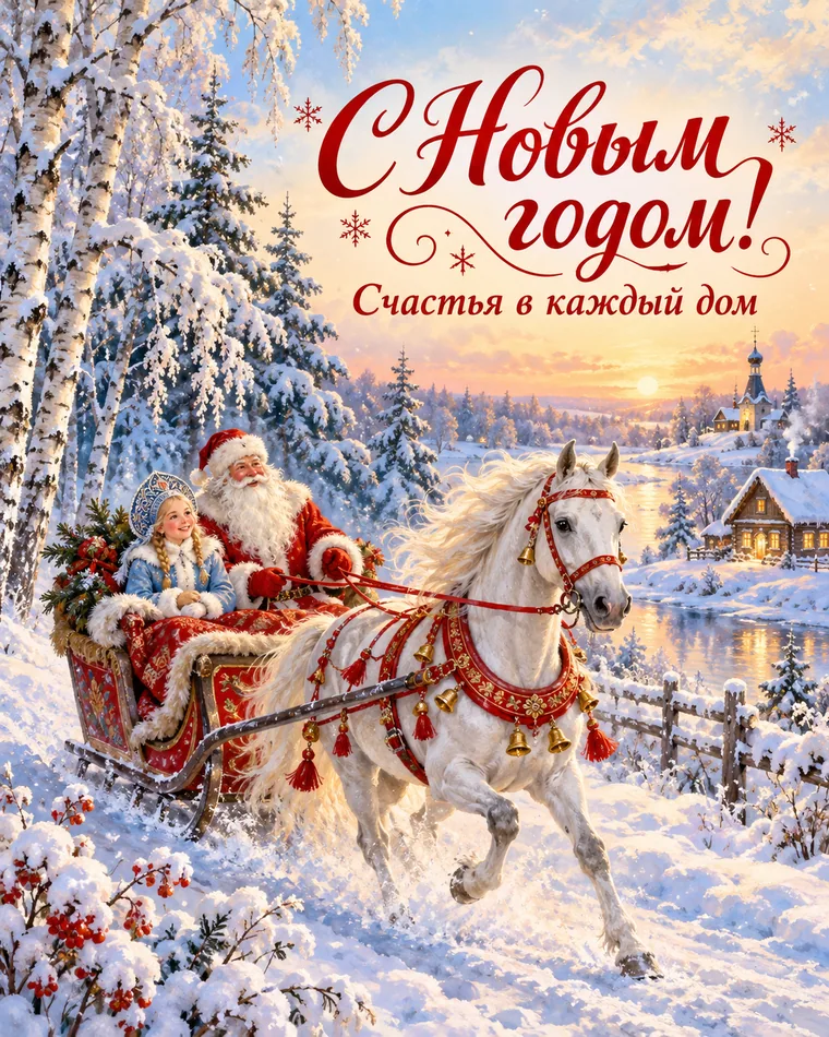 Сказочная зимняя дорога — новогодняя открытка с надписью «С Новым годом! Счастья в каждый дом»