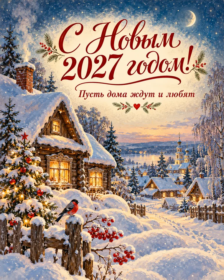 Огонёк в снежном доме — новогодняя открытка с надписью «С Новым 2027 годом! Пусть дома ждут и любят»