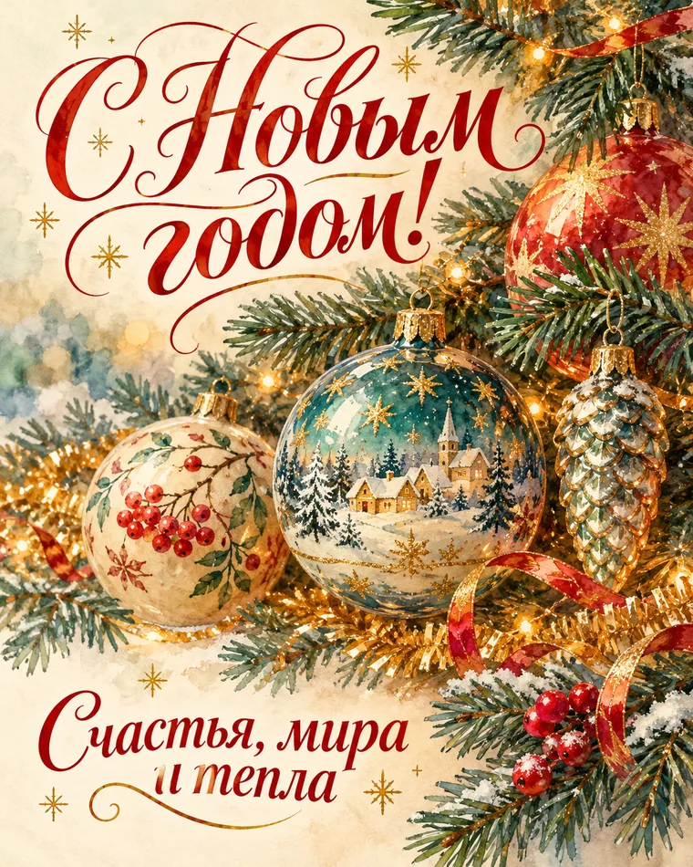 Стеклянные ёлочные игрушки — новогодняя открытка с надписью «С Новым годом! Счастья, мира и тепла»