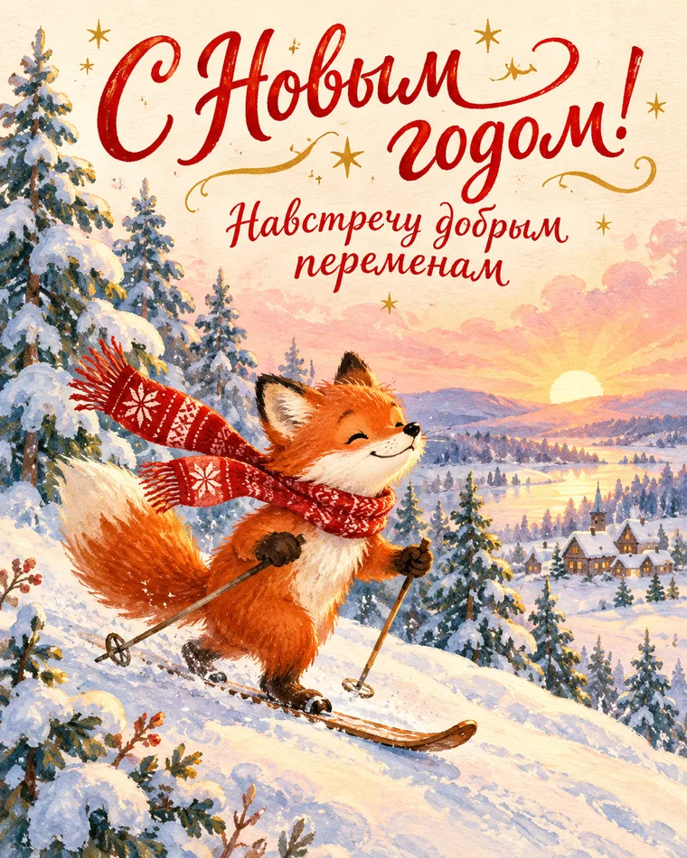 Навстречу зимним чудесам — новогодняя открытка с надписью «С Новым годом! Навстречу добрым переменам»